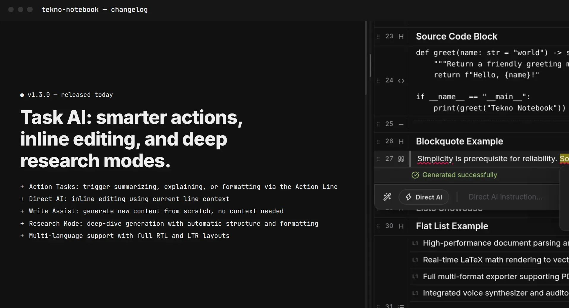 Dark mode editor displaying LaTeX and speech-to-text