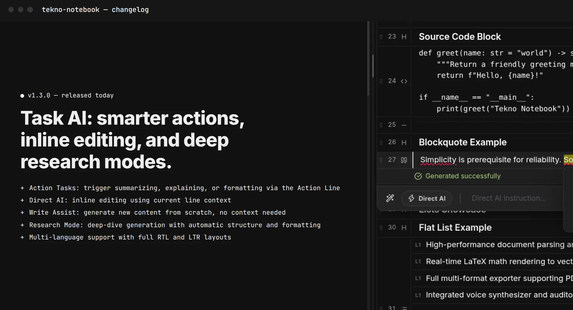 Dark mode editor displaying LaTeX and speech-to-text