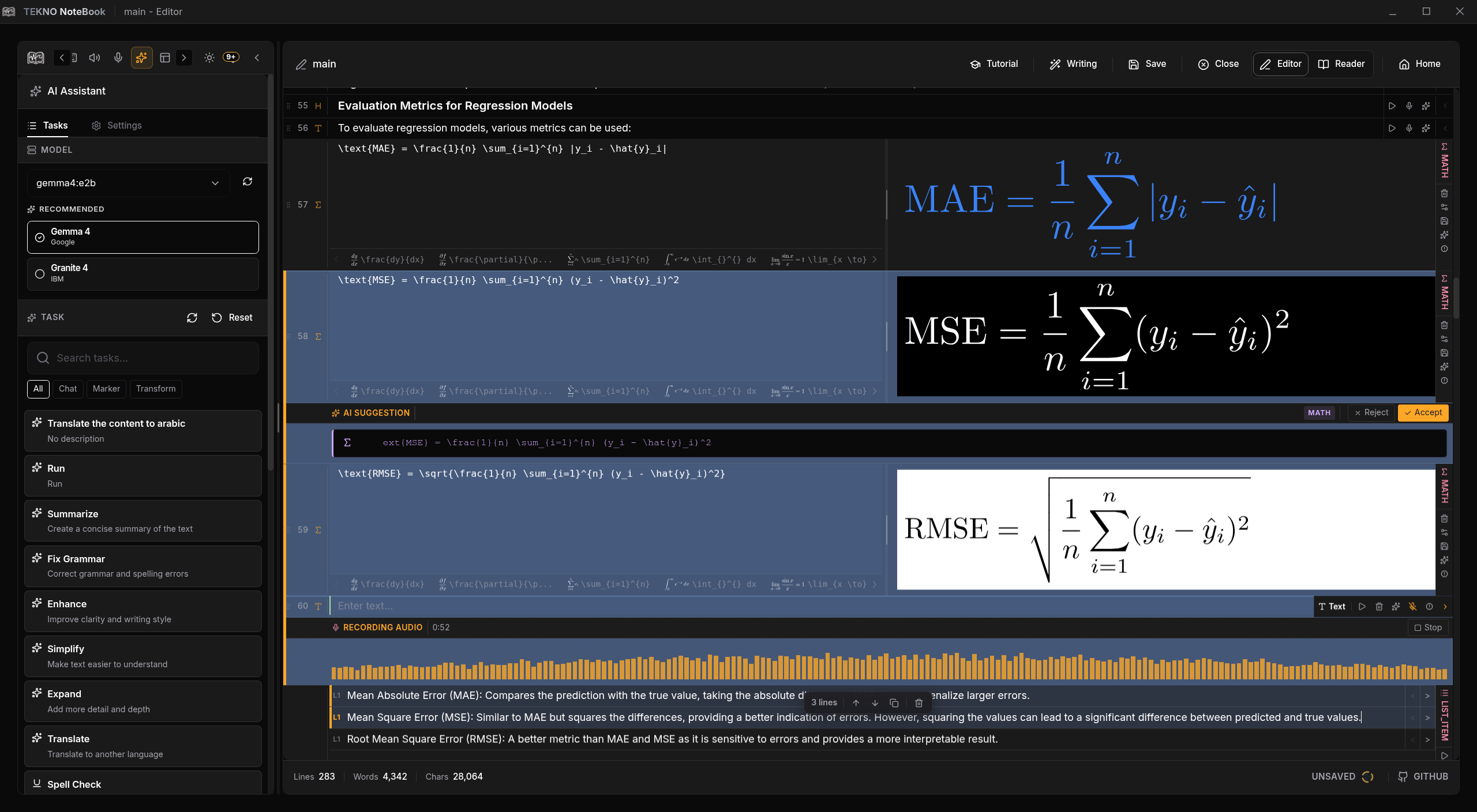 Dark mode editor displaying LaTeX and speech-to-text