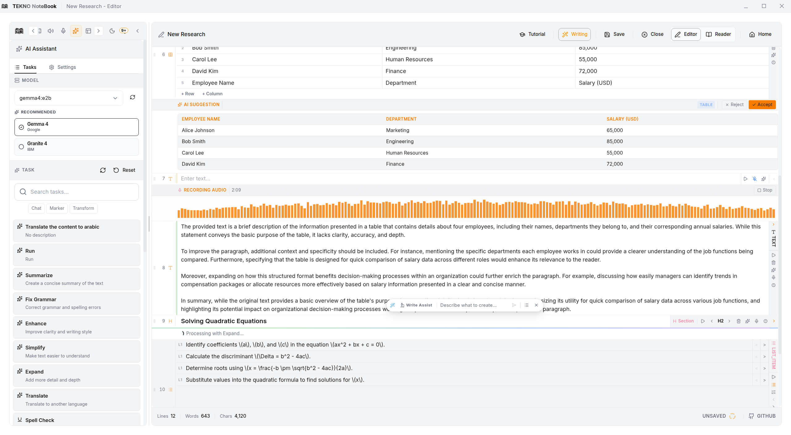 editor in light mode with speech-to-text LaTeX input and rendered